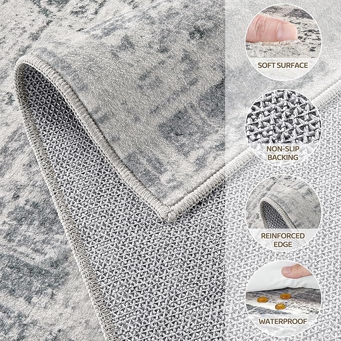 Area Rug for Living Room: 10x12 Washable Neutral Abstract Modern Soft Rugs Non Slip Indoor Floor Stain Resistant Large Carpet for Bedroom Dining Room Office Nursery - Gray