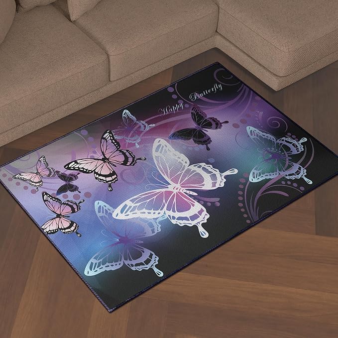 Beautiful Butterfly Fantasy Rug for Playroom Girls Bedroom Colorful Rainbow Butterfly Decor Area Carpet 59"x39" Purple Mat 3D Printed Non-Slip Washable