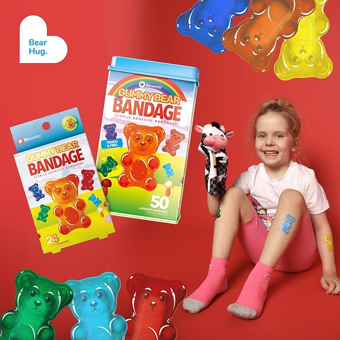 BioSwiss Bandages, Gummy Bear Shaped Self Adhesive Bandage, Latex Free Sterile Wound Care, Fun First Aid Kit Supplies for Kids, 24 Count