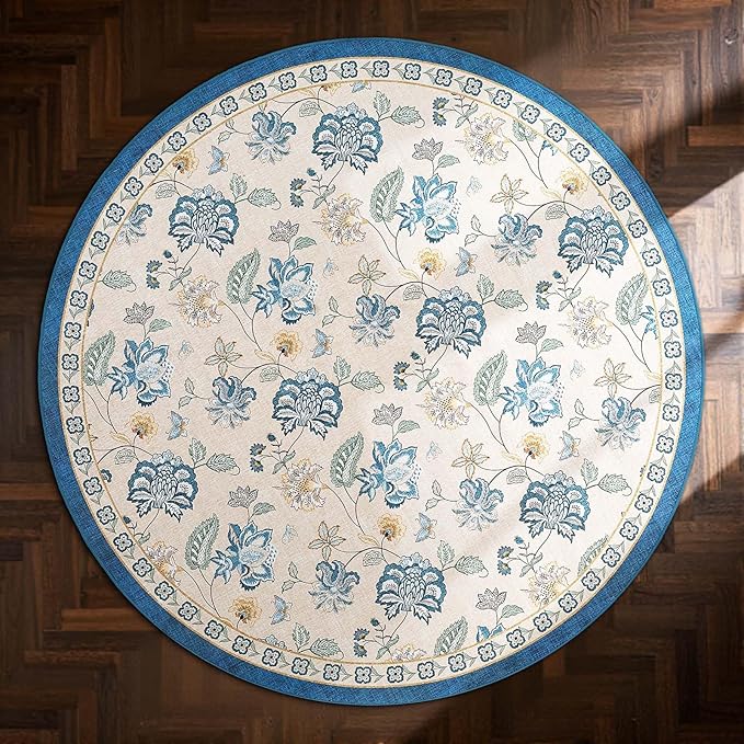 jinchan 6ft Floral Round Rug for Dining Room Washable Living Room Rug Vintage Romance Design Non Slip Indoor Floor Cover Lightweight Low-Profile Throw Carpet for Bedroom Porch Patio, Blue/Beige