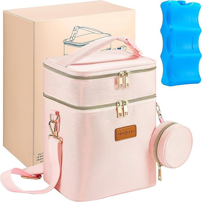 Breastmilk Cooler Bag with Ice Pack & Pacifier Case, Large Double Layer Insulated Baby Bottle Cooler Fits 6 Bottles, Breast Pump Storage Bag for Working Nursing Moms, with Gift Box