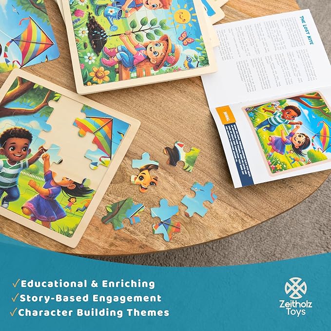 6 Educational Wooden Puzzles & Storybook, Teaches Kindness, Empathy & More β 6 in 1 Jigsaw Puzzle for Kids Ages 3-7 β Learn Real Values Through Stories β Montessori Puzzle Set 25 Pieces