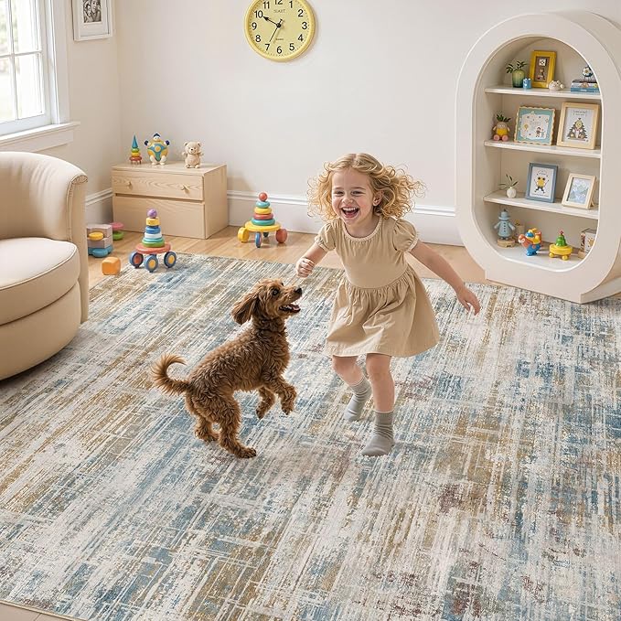 Area Rug for Living Room: 7x9 Washable Neutral Abstract Modern Soft Rugs Non Slip Indoor Floor Stain Resistant Large Carpet for Bedroom Dining Room Office Nursery - Blue Brown