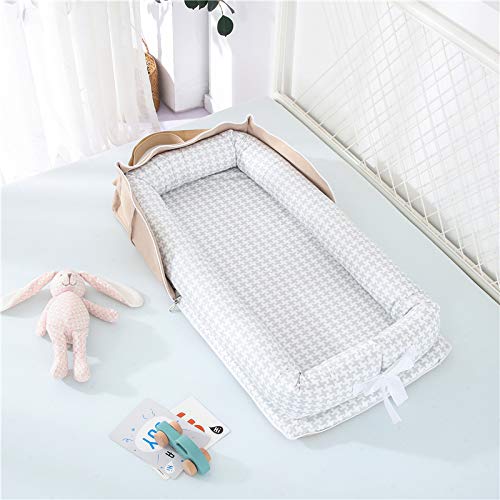 Baby Lounger for Newborn Portable Bag,Baby Nest Play Gym mat with Strap,Newborn Lounger Adjustable Size & Inner Zipper Lengthen Space to 24 Months(Gray Thousand Bird Check)