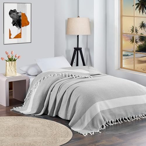 Breathable Bedspread Woven Blanket Extra Large Lightweight Soft Cooling for Hot Sleeper Throw Tween Queen Full Size Quilt Thin Comforter Summer Ice Cold Sheet Boho Bed Decor Bedroom Decorative Grey