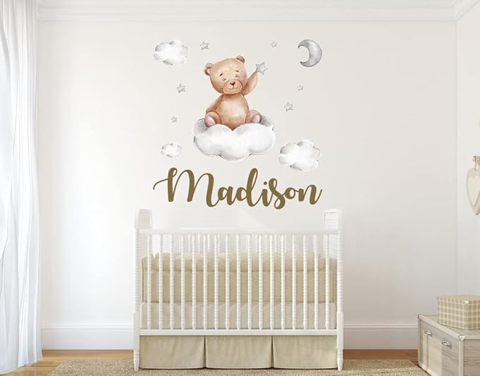 Custom Name Teddy Bear Nursery Wall Decal - Moon, Starts Clouds Watercolor Baby Room Decor for Boys & Girls - Teddy Bear Wall Stickers - Personalized Name Wall Sticker for Nursery playroom