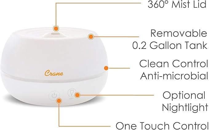 Crane Portable Ultrasonic Travel Humidifier and Diffuser, 0.2 Gallon Cool Mist, Optional Essential Oil Diffuser, No Filter Needed, White