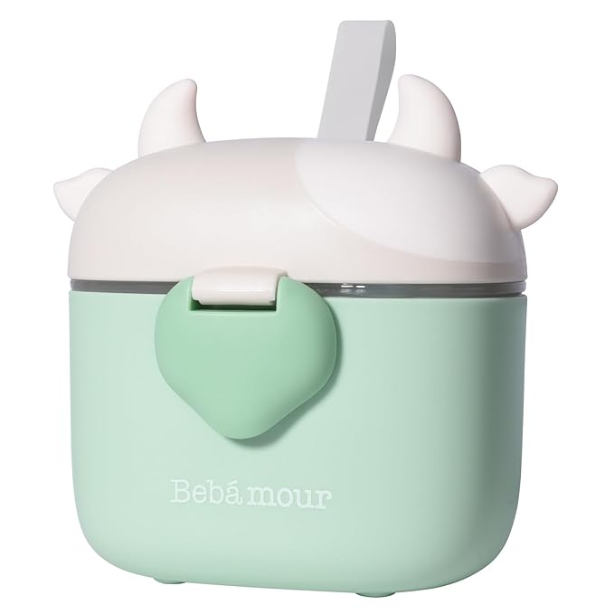 Bebamour Baby Formula Dispenser On The Go, Formula Container to Go, Formula Holder for Travel, Candy Fruit Snack Storage Container with Scoop and Leveller (Light Green Cow)