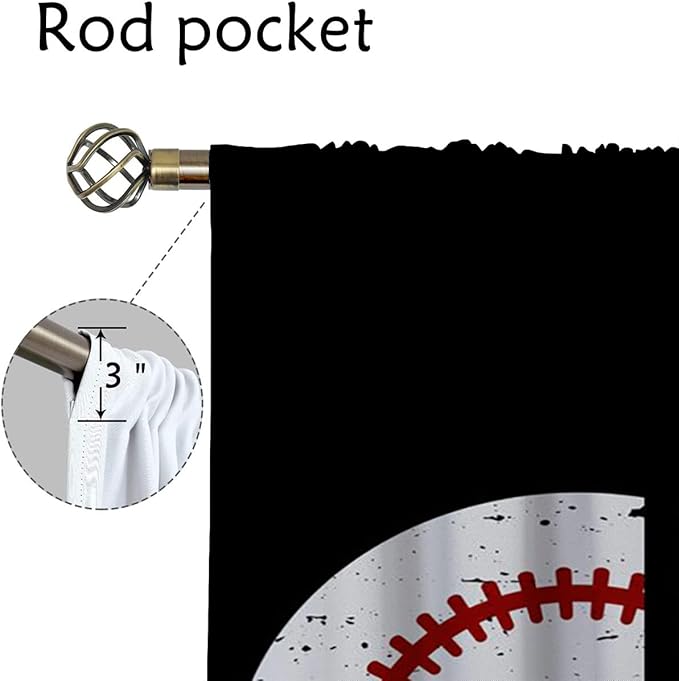 Baseball Blackout Curtains for Boy Girl Room Darkening Decor,Sport Theme Red and White Motto Dark Bedroom Living Room Home Rod Pocket Thermal Insulated Window Curtain/Drapes Panel,63x63 Inch…