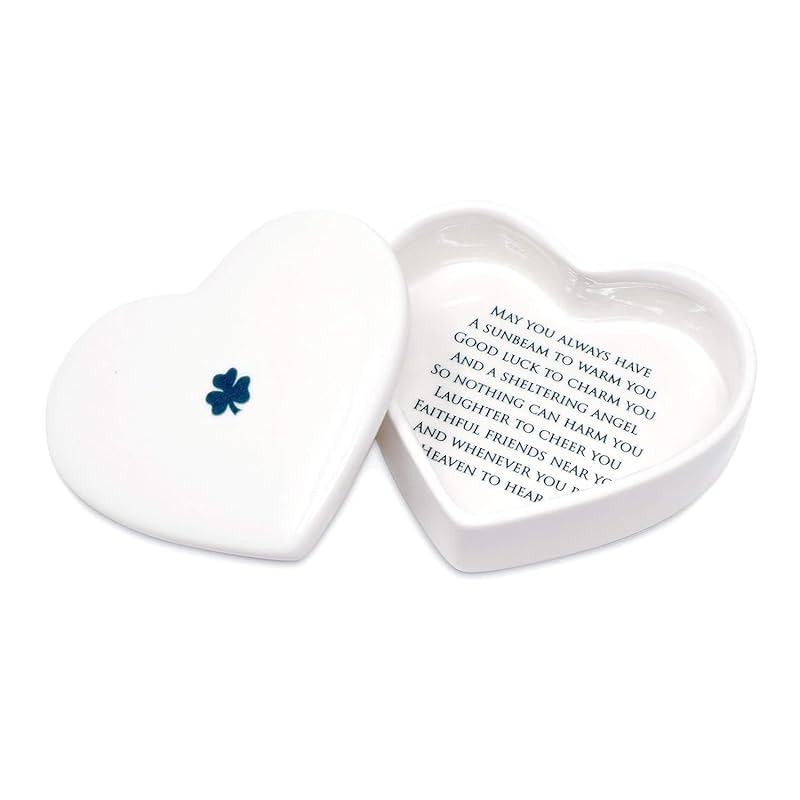 Baptism Gift, First Communion Gift, or Confirmation Gift, Handmade Heart Ceramic Keepsake Box with Irish Blessing and Shamrock in Green