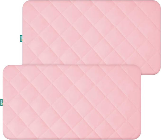 Crib Mattress Protector Waterproof Crib Sheets Fitted 2 Pack Toddler Mattress Pad Cover Improved Thickness Machine Washable 52" x 28" Pink Quilted