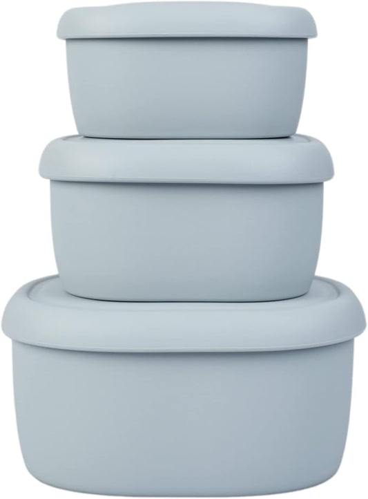 BLUE GINKGO Nesting Silicone Containers - Set of 3 Hard-Shell Silicone Food Storage Containers | BPA Free, Airtight, Dishwasher and Freezer Safe (6.7oz, 10oz, 20oz) - Grey