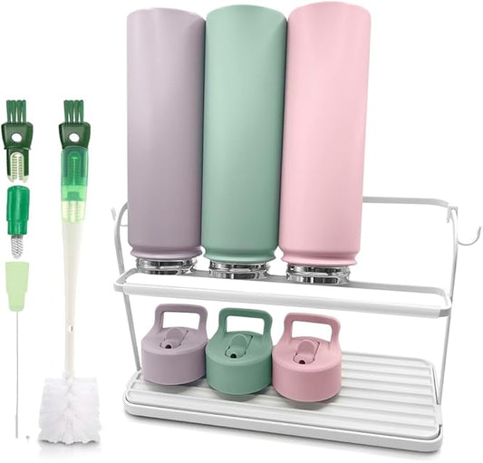 Bottle Drying Rack for Kitchen Countertop, Space Saving Storage Stand with Drainage Tray, Two-Tier Design for Tumblers, Baby Bottles, Water Bottle Drying Rack with 5-in-1 Bottle Cleaning Brush