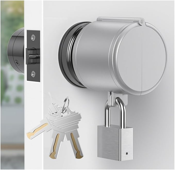 AST Door Knob Lockout Device with SS Padlock and Brass Keys, Childproof Door Knob, Security Lock for Toddler and Dementia Proof, Safety Cover, Doorknob Protection, Matte Silver with SS Padlock