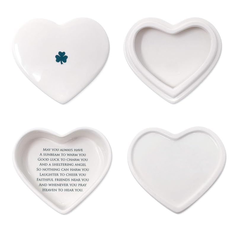 Baptism Gift, First Communion Gift, or Confirmation Gift, Handmade Heart Ceramic Keepsake Box with Irish Blessing and Shamrock in Green