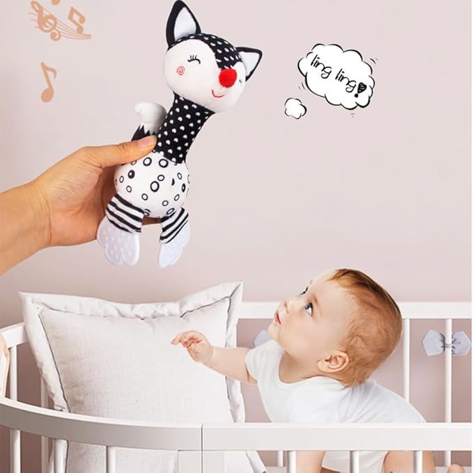 D-KINGCHY Baby Toys 0-12 Months, Black and White Newborn Toys, Soft Plush Rattle Stuffed Animal Toy with Teether and Sound, Developmental Hand Grip Toys (Fox)