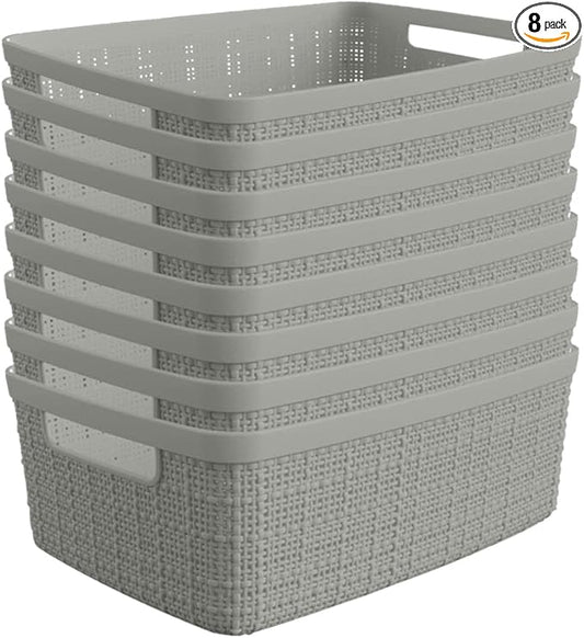 Curver Jute Decorative Plastic Organization and Storage Basket Perfect Bins for Home Office, Closet Shelves, Kitchen Pantry and All Bedroom Essentials, Small, Grey, Set of 8