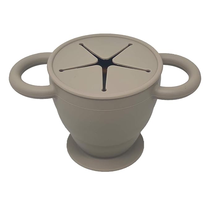 BraveJusticeKidsCo | Snack Attack II Snack Cup | Collapsible Silicone Snack Container | Toddler and Baby Snack Catcher Lid (Fog)