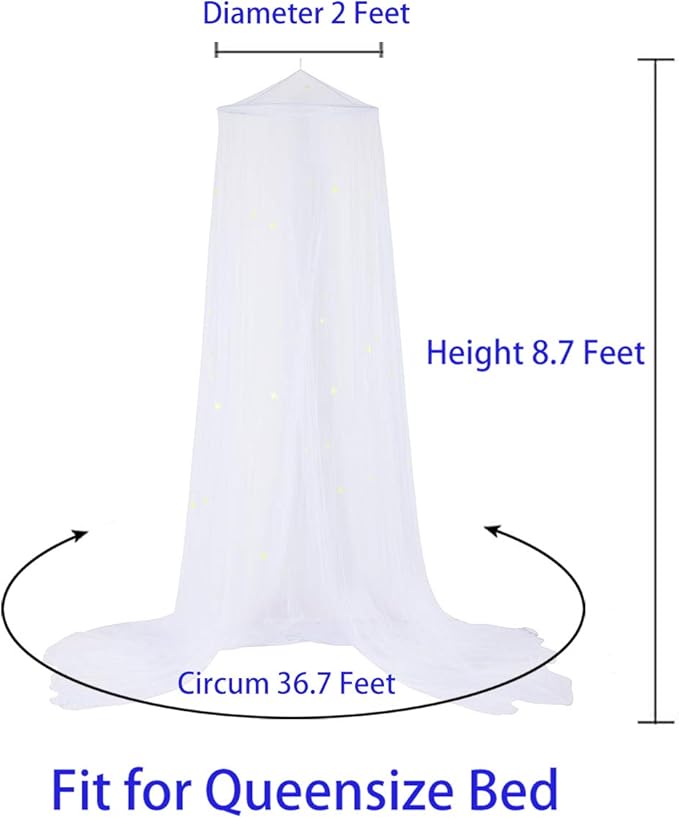 BCBYou Bed Canopy Mosquito Net with Fluorescent Stars Glow in Dark for Baby, Kids, and Adults, for Cover The Baby Crib, Kid Bed, Girls Bed Or Full Size Bed (White)