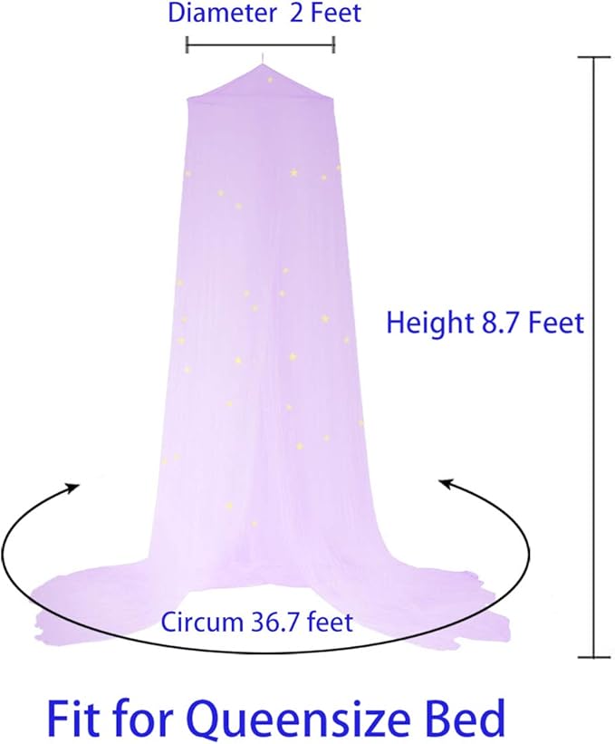 BCBYou Bed Canopy Mosquito Net with Fluorescent Stars Glow in Dark for Baby, Kids, and Adults, for Cover The Baby Crib, Kid Bed, Girls Bed Or Full Size Bed (Purple)