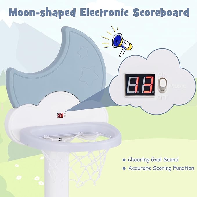 Costzon Kids Basketball Hoop with Electronic Scoreboard Cheer Sound, 4 in 1 Height Adjustable Toddler Basketball Hoop with Soccer, Golf, Ring Toss Game for Indoor Outdoor, Gift(Light Blue Moon)
