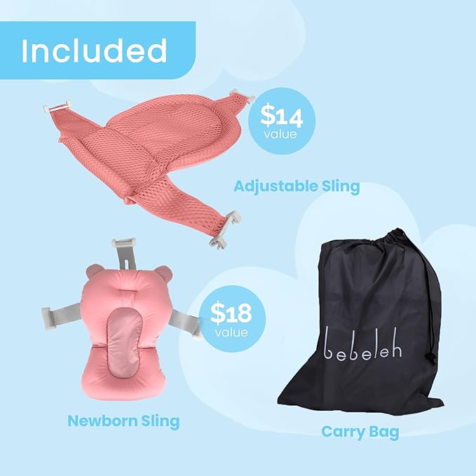 BEBELEH™ Collapsible Baby Bathtub with Thermometer – Bathtub + Baby tub Sling + Newborn Sling – Baby Bathtub Newborn to Toddler 0-24 Months – The Ultimate Baby Bath tub! (with Thermometer,Pink)