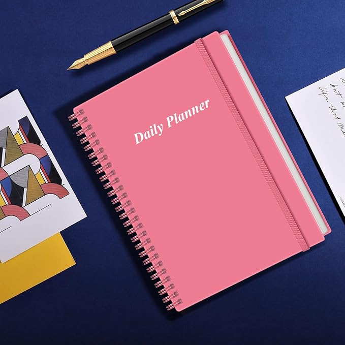 Daily Planner Undated - B5 To Do List Notebook Hourly Schedules, Spiral Appointment Planner for Women and Men, PVC Hardcover, Inner Pocket, Elastic Closure, 7" x 10", Pink