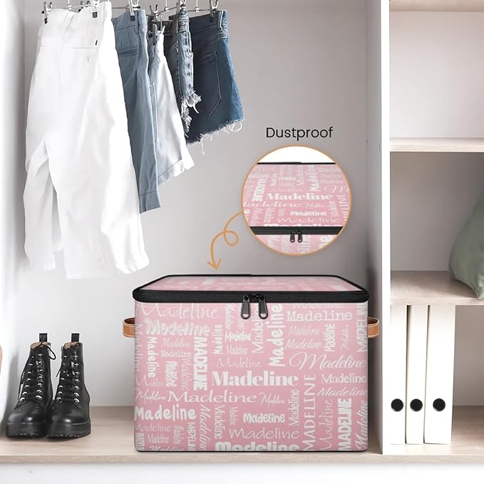 Custom Storage Basket with Name, Personalized Storage Bins with Zipper Lid, Foldable Fabric Storage Box Large capacity with Handle Pink