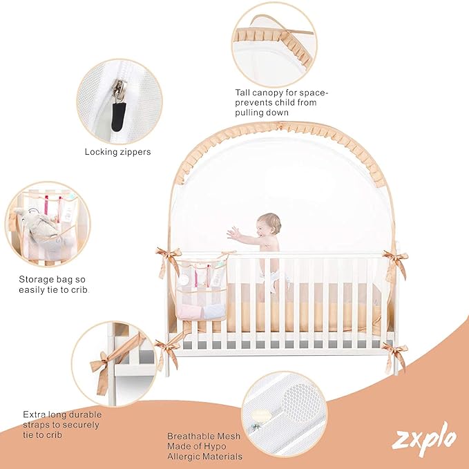 Baby Safety Crib Tent Infant Pop up Mosquito Net Nursery Bed Canopy Netting Cover - Keep Baby from Climbing Out with Hanging Diaper Storage Bag (Beige)