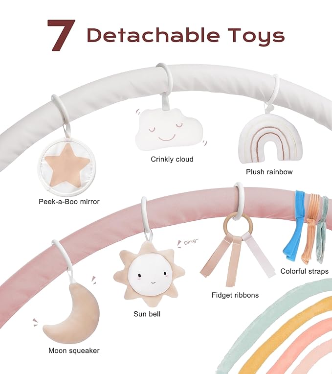 Baby Play Gym Mat, Tummy Time Activity Mat with 7 Detachable Toys and 12 Milestone Cards for Stage-Based Sensory and Motor Skill Development, Washable Play Mats for Infant, Newborn Baby Essentials