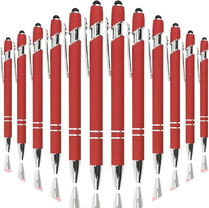 Ballpoint Pen with Stylus Tip, Soft Touch Click Metal Pen, 1.0mm Medium Point, Black Ink, 12 Count(Red)