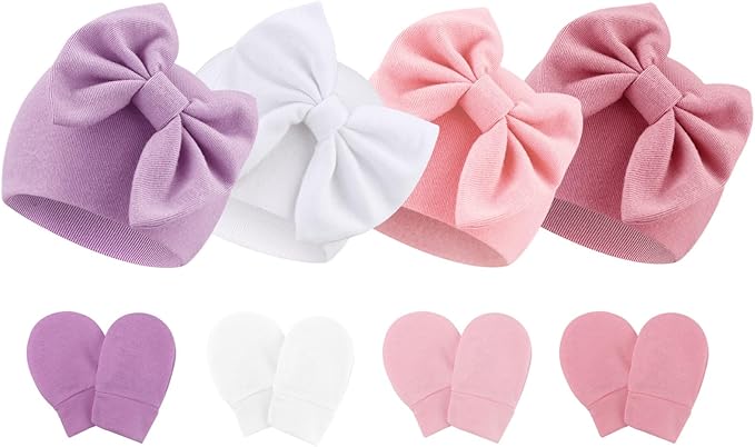 BQUBO Newborn Baby Hats Mittens Set Hospital Hat Beanie Infant Bow Hats Baby Gloves No Scratch Mittens for 0-6 Months