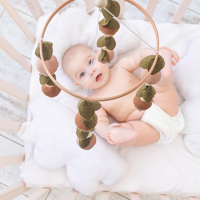 Baby Mobile for Crib,Crib Mobile for Boys Girls, Soft Crib Toys Hanging，Baby Mobile for Bassinet，Boho Nursery Decor Neutral（Mushroom，Leaves,Cotton）
