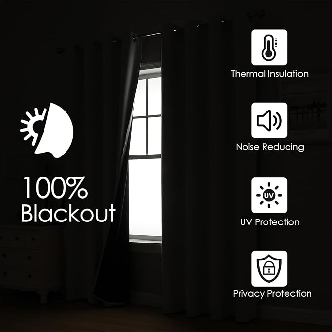 ChrisDowa 100% Blackout Curtains 80 inch Long for Bedroom with Black Liner, 2 Thick Layers Total Blackout Thermal Insulated Grommet Window Curtains 2 Panels Set (Forest Green, 52 x 80 Inch)