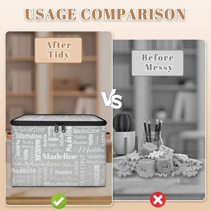 Custom Storage Basket with Name, Personalized Storage Bins with Zipper Lid, Foldable Fabric Storage Box Large capacity with Handle Grey