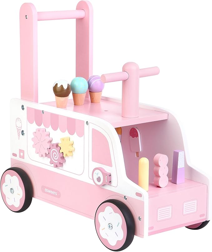 Asweets Wooden Baby Push and Pull Walker with Wheels, Learining Acticity Walker for Boys & Girls, Multiple Activities Center, Develops Motor Skills & Stimulates, 17.3''L x 9.1''W x 18.1''H