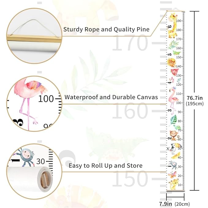 Baby Height Growth Chart - Canvas Height Chart for Kids Baby Child Toddler Boys Girls Growth Chart for Wall Room Nursery Decor Hangable and Removable Measuring Wall Ruler (Rocket, Beige Wood)