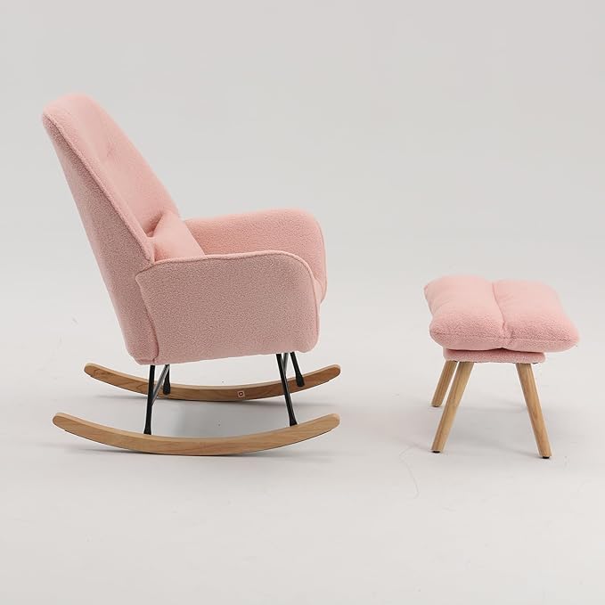 Boucle Rocking Chair with Ottoman and Pillow, Sherpa Furry Accent Arm Chair Lounger, Teddy Fabric Glider Rocker Chair for Living Room/Bedroom/Nursery, High Back, Pink