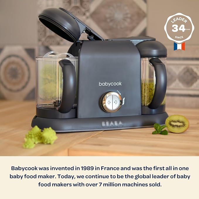 BEABA Babycook Duo 4 in 1 Baby Food Maker, Puree Steamer and Blender for Purees, Grinder with Auto Steam Cooking, Lrg 9.1 Cup Capacity, Makes 54 Servings in 20 Mins, Midnight