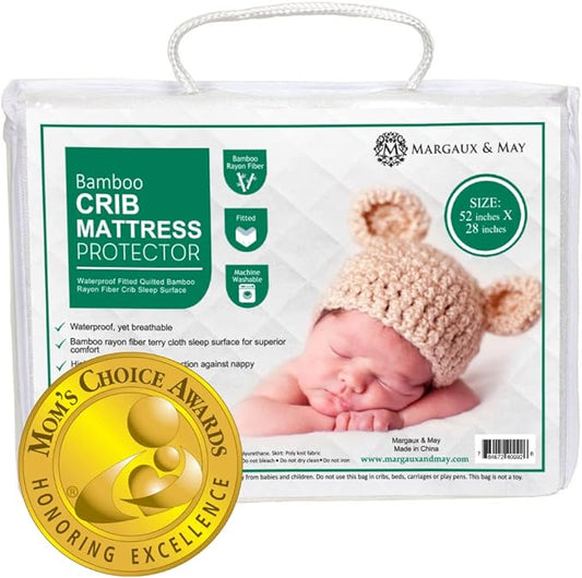 Crib Mattress Protector Pad - Ultra-Soft Waterproof Breathable Premium Bamboo Rayon - Noiseless Fitted Dryer Safe Cover. High Absorbency Oeko-TEX Certified (28 x 52 x 9 inches) MARGAUX & MAY