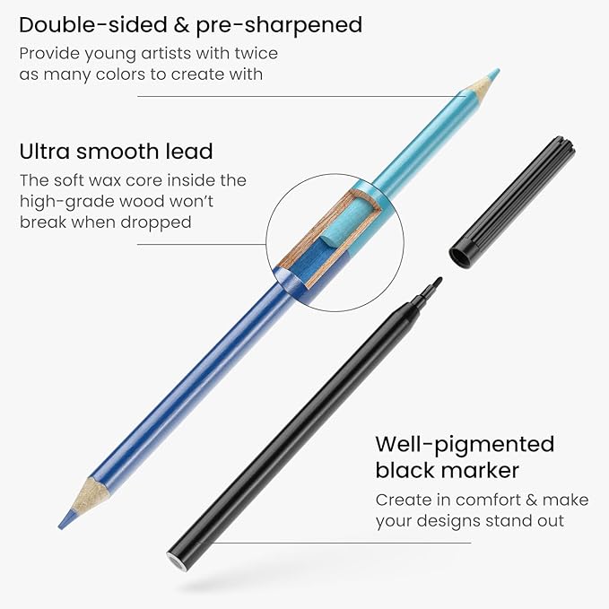 ARTEZA Kids Coloring Book and Colored Pencils Kit, Animal Kingdom Illustrations, 50 Double-Sided Sheets, 100lb Paper