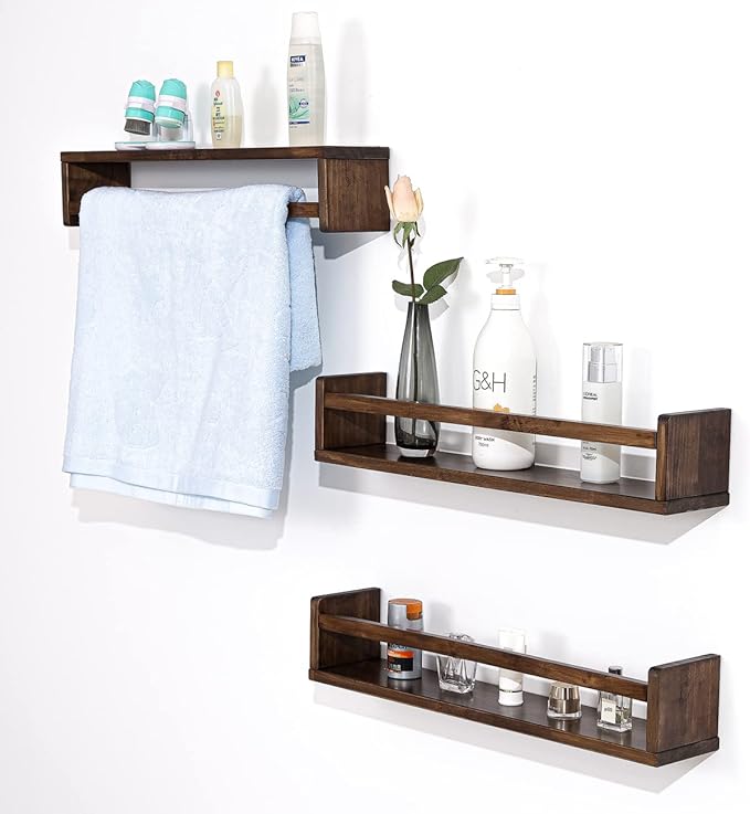 AZSKY Nursery Book Shelves 24 in Set of 3 Walnut Floating Bookshelf for Kids Room Wall Mounted Floating Shelves Solid Nursery Bookshelf Perfect Decor for Kitchen Bedroom Living Room