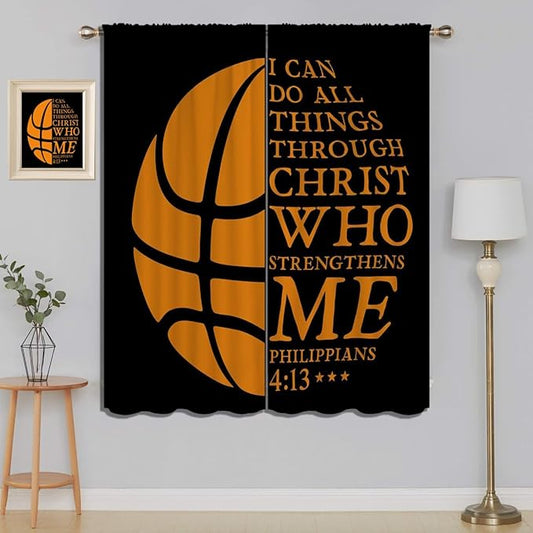 Basketball Blackout Curtains for Boy Girl Room Darkening Decor,Sport Theme and Motto Dark Background Bedroom Living Room Home Rod Pocket Thermal Insulated Window Curtain/Drapes Panel,84x63 Inch…