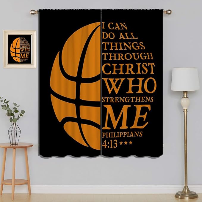 Basketball Blackout Curtains for Boy Girl Room Darkening Decor,Sport Theme and Motto Dark Background Bedroom Living Room Home Rod Pocket Thermal Insulated Window Curtain/Drapes Panel,84x72 Inch…