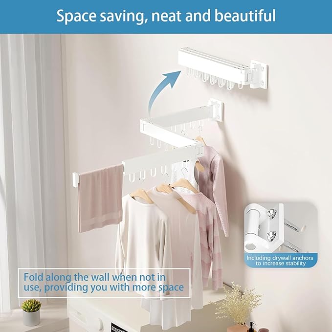 Clothes Drying Rack Wall Mounted,Space Saving Wall Drying Rack,Retractable Collapsible Tri-Fold,for Bathroom,Balcony,Outdoor lndoor with Laundry,White