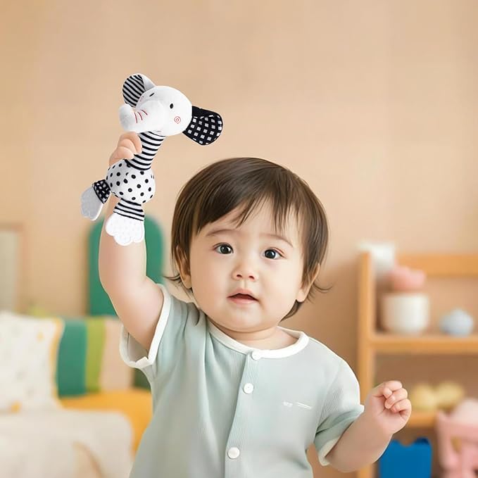 Black & White Elephant Baby Toys 0-12 Months - Plush Sensory Rattle with Teether, Wind Chime, BB Squeaker & Embroidery for Visual, Hearing & Cognitive Development
