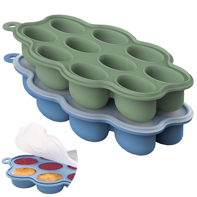 Baby Food Storage Container 2 Pack Silicone Freezer Tray Breast Milk Molds for Homemade Baby Food, Fruit Purees, Vegetable - Keep Your Baby's Meals Fresh and Safe (Matte Blue + Green)