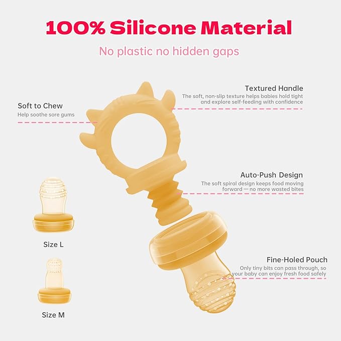 Baby Food Fruit Feeder & Freezer Tray, Auto-Push Fresh Food Feeder Pacifier for Self Feeding, Breastmilk Popsicle Molds for Baby Teething Relief, BPA-Free Silicone, 2 Sizes for 3-12 Months