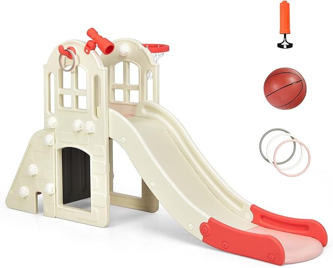 BABY JOY Toddler Large Slide, 6 in 1 Slide for Kids with Basketball Hoop, Ring Toss, 2 in 1 Convertible Climbing Way, Freestanding Kids Slide Climber Set for Indoors Outdoor Boys Girls Gifts Present