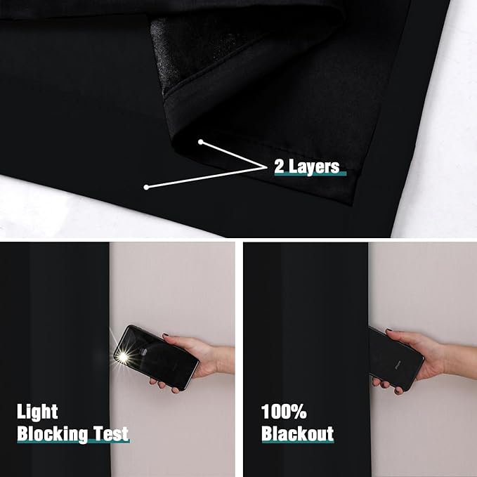 ChrisDowa 100% Blackout Curtains 102 inch Long for Bedroom with Black Liner, 2 Thick Layers Total Blackout Thermal Insulated Grommet Window Curtains 2 Panels Set (Black, 52 x 102 Inch)